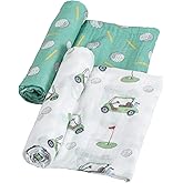LollyBanks Swaddle Blanket 100% Cotton, 2 Pack Muslin Swaddle Blankets, 47 x 47 inches Baby Swaddles for Boys and Girls, Lightweight Baby Blanket, Registry (Golf Print)