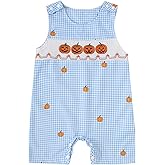 Arvbitana Infant Baby Boy Halloween Pumpkin Plaid Jumpsuit Sleeveless Gingham Romper One Piece Strap Overalls Smocked Clothes