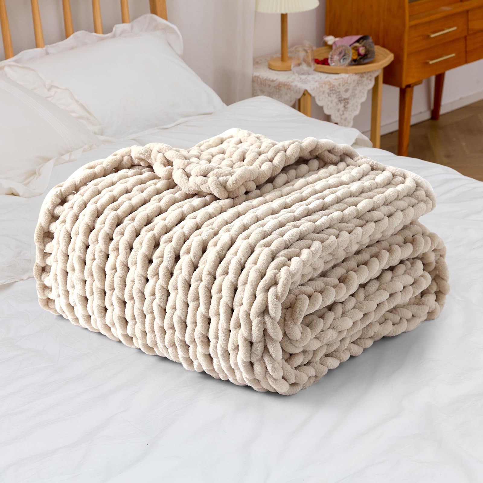 Photo 1 of Comtest Chunky Knit Blanket Handmade Soft Throw Blanket Cozy and Warm Cable Knit Blanket for Sofa ?Home Decor, Beige 40x40 in?Small Size Throw?