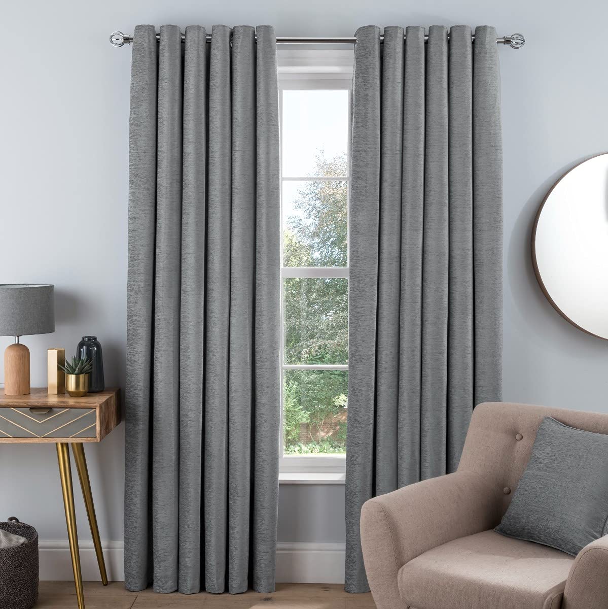 Sleepdown Luxury Chenille Eyelet Lined Curtains for Bedroom and Living Room 2x 46" x 54", 5056242840145 Silver 2 Panels
