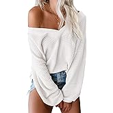 ReachMe Womens Oversized Off The Shoulder Tops Long Sleeve Waffle Knit Shirt Drop Shoulder Sweater Top