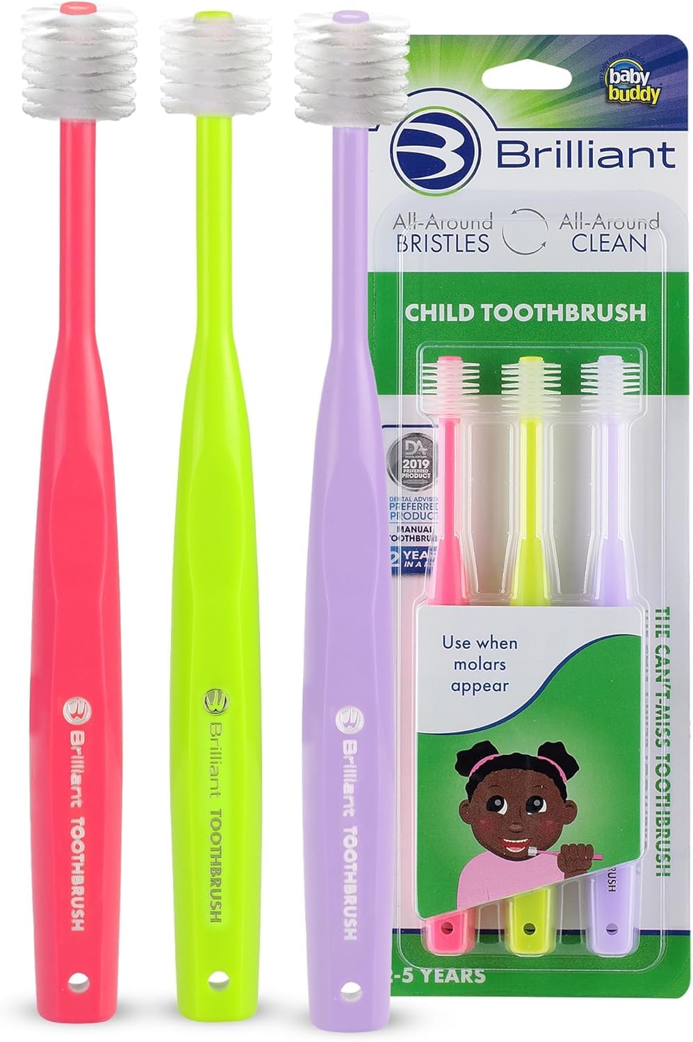 Brilliant Child Toothbrush by Baby Buddy, Ages 2-5 Years, Round Head, Bristles Clean All-Around, Pink-Lime-Lilac, 3 Pack