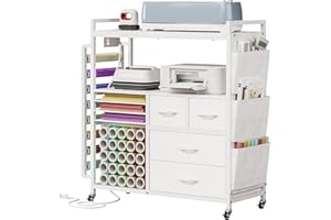 VENNQD Large Craft Organizer and Storage Rolling Cart Compatible with Cricut Machine with Fabric Drawers Vinyl Roll Holder Accessories for Home Craft Workstation Room (White)