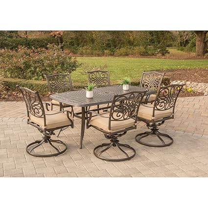Hanover Traditions7pcsw 6 Traditions 7 Piece Dining Set With Six Swivel Chairs A Large 72 X 38 Table Outdoor Furniture Bronze Frame Tan