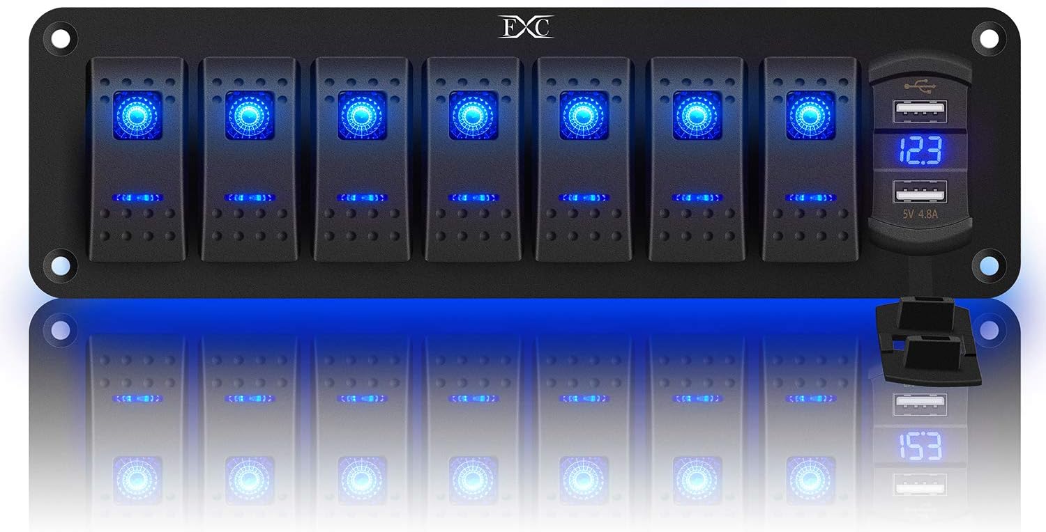 Purishion 7 Gang Rocker Switch Aluminum Panel with Voltmeter & Dual USB(4.8 Amps) Fast Charging, Blue Backlit Led, Pre-Wired IP65 Waterproof for Marine, Boat, Car, Truck, Polaris, Jeep (Blue): Automotive
