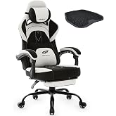 Gamsky Ergonomic Gaming Chair with Gel Cushion, Black White | Fabric Computer Office Chair for Adults Gamer, Comfy Video Game Chair with Footrest &amp; 20.7" Wide Seat, Pocket Spring Cushion