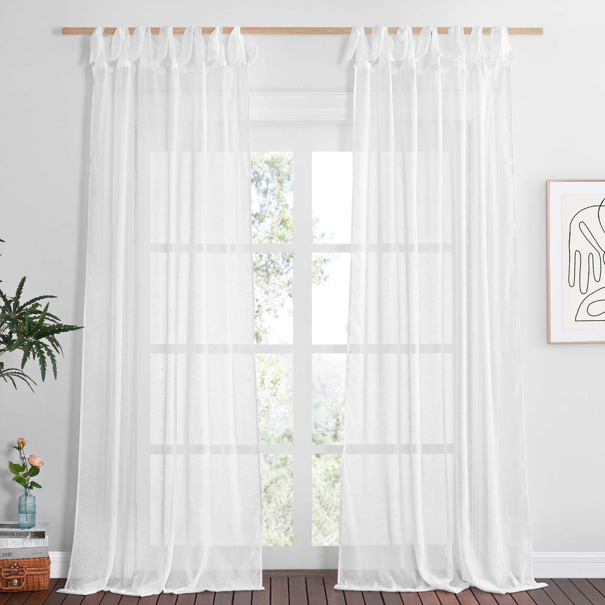 Photo 1 of NICETOWN Semi Sheer Linen Curtains 96 inch Long for Princess Room, Decorative Adjustable DIY Tie Top Privacy with Light Filtering Curtains & Drapes for Bedroom, W52 x L96, White, 1 Pair