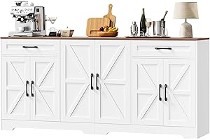 BOTLOG 71” Large Sideboard Buffet Cabinet with Storage, Farmhouse Kitchen Buffet Cabinet with Adjustable Shelves and 6 Barn Doors, Wood Coffee Wine Bar Console Table for Kitchen, Dining Room, White