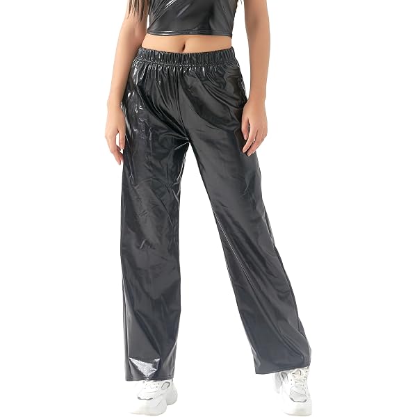 Women's Shiny Metallic Trousers Hip Hop Straight Leg Pants Vintage