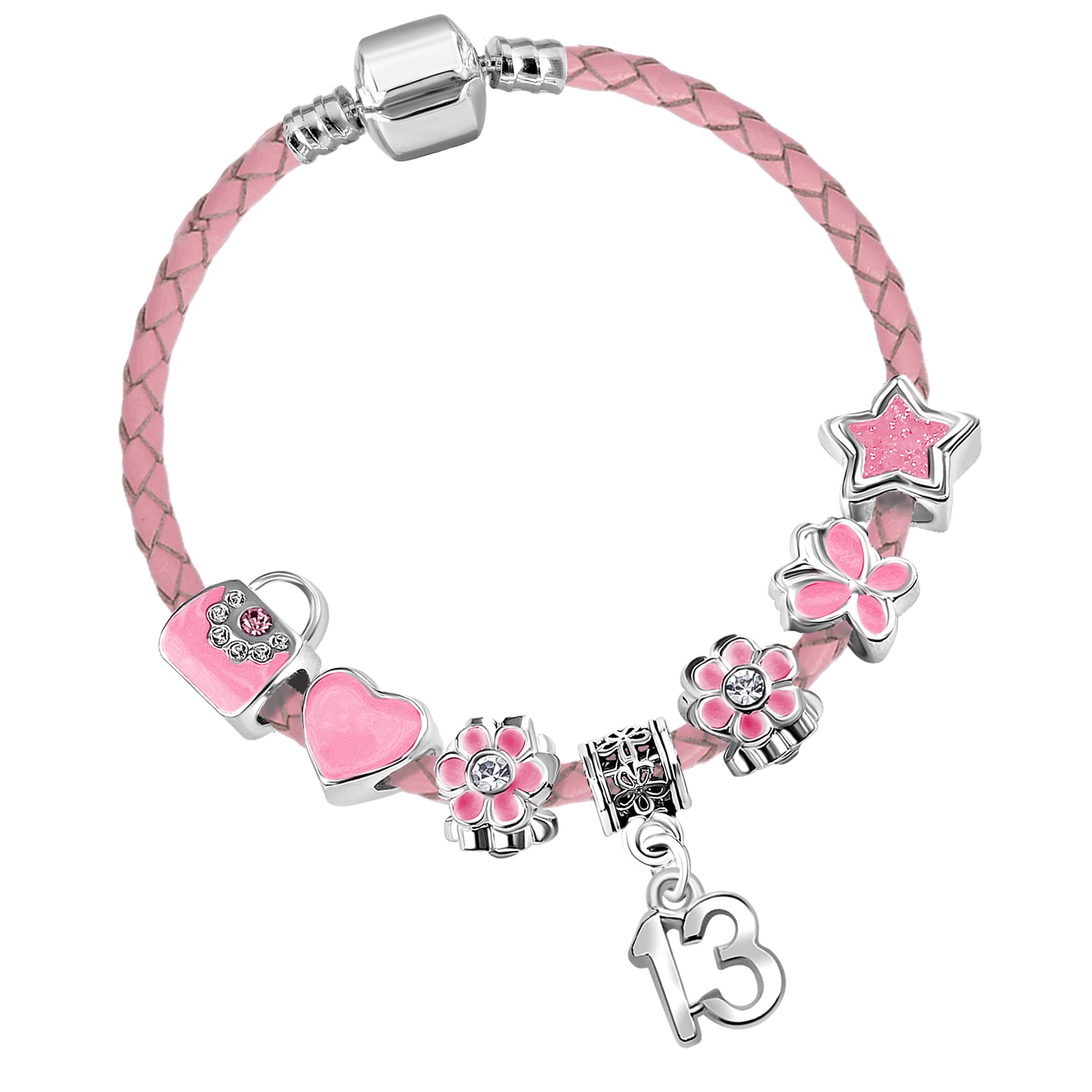 Girls 13th Birthday Handbags and Butterflies Pink Leather Charm Bracelet with Gift Box for Girls 13th Birthday Gifts for Girls Age 13 Birthday Jewellery for Girls Kids Jewelry