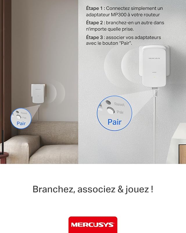 Prise CPL 600 Mbps, Port Fast Ethernet, Plug & Play, Kit 2 MP300