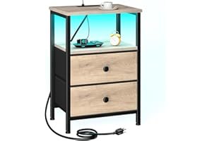 LOAKEKEL Nightstand with Charging Station, End Table with 2 Fabric Drawers, LED Night Stand for Bedroom, Small Bed Side Table