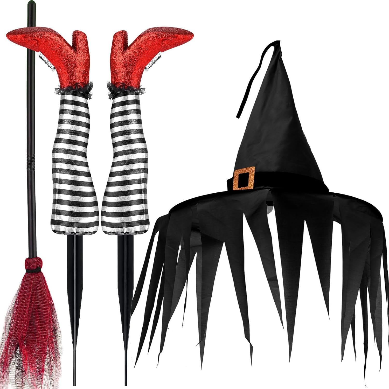 Decorative Garden Stakes - 4 Pcs Halloween Upside Down Witch Legs Yard Stake Set Witch Legs Decorations Wicked with Broomstick and Witch Hat for Outdoor Home Patio Yard Lawn Haunted Decorations (Red, Black, White)