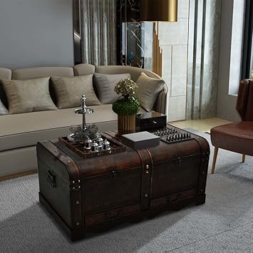 Large Wood Treasure Chest Vintage Coffee Table Storage Trunk Pirate Box Drawers Home Garden Treasure Chest