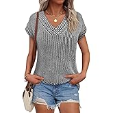 Saodimallsu Womens V Neck Short Sleeve Sweater Summer Lightweight Cap Sleeve Casual Loose Knit Pullover Tank Tops
