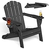Eesdom Folding Adirondack Chair, HDPE Adirondack Chair with 2 Cup Holders, Easy Assembly Outdoor Fire Pit Chairs for Patio, Garden, Poolside, Black