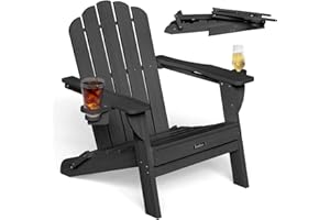 Eesdom Folding Adirondack Chair, HDPE Adirondack Chair with 2 Cup Holders, Easy Assembly Outdoor Fire Pit Chairs for Patio, Garden, Poolside, Black