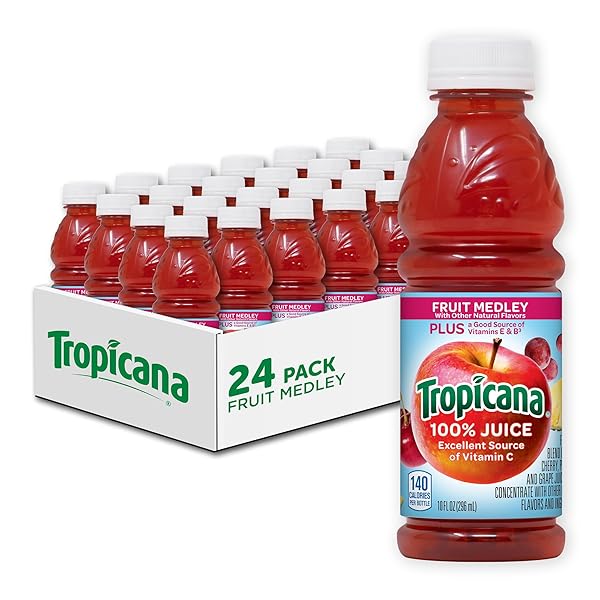 TROPICANA 100% FRUIT MEDLEY JUICE,SINGLE SERVE, 10 FL OZ BOTTLES (PACK OF 24) – REAL FRUIT JUICE, VITAMIN C, B & E RICH, NO ADDED SUGARS, NO ARTIFICIAL FLAVORS