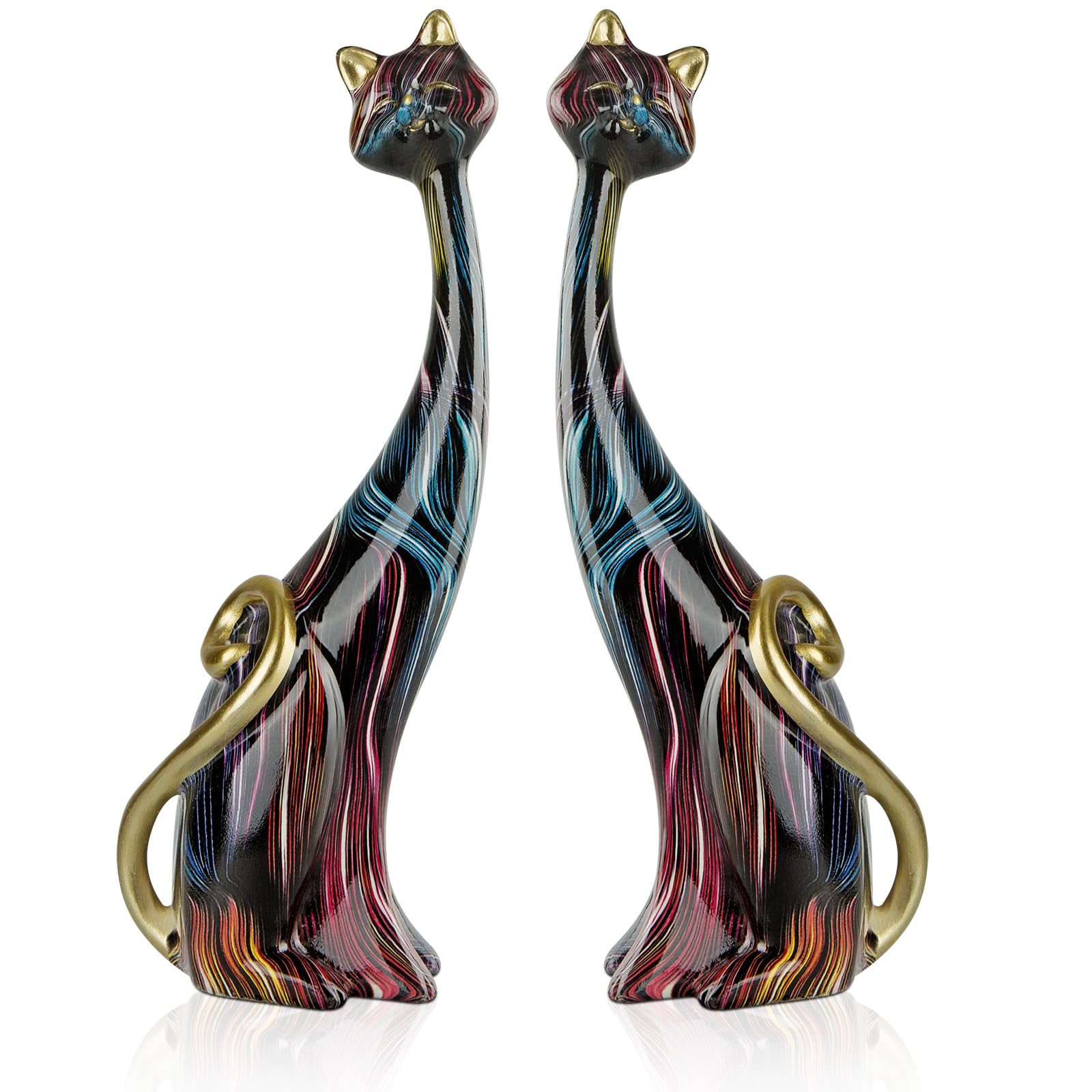 masteymoh 2 Pieces Art Resin Sculpture Statue Cats, Oil Painting Cat Sculptures for Home Office Hotel Bookshelf Desktop Decoration 24.5 cm (Black KY146)