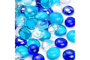 RUOJAS 1LB Blue Mix Flat Glass Marbles for Vases, Mancala Stones Gemstone Beads Vase Filler Decorative Glass Pebbles for Fish Tank, DIY Crafts, Aquarium Decor Rocks