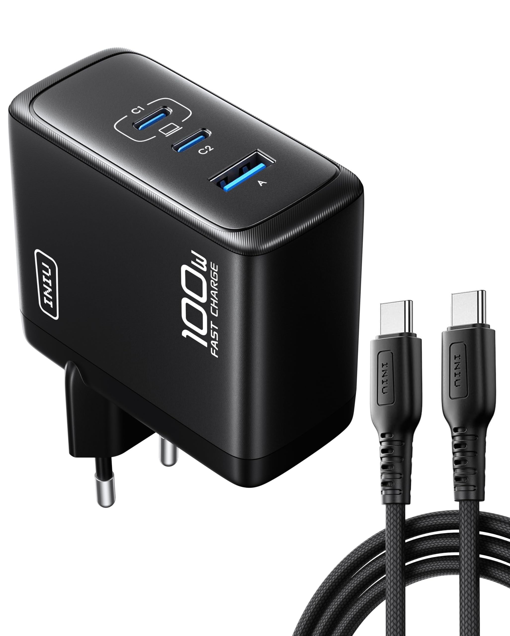 Iniu Chargeur Usb C 100W Avec Cable, Gan Ⅲ Qc 3.0 Chargeur Rapide Et Compact, 3 Ports Prise Type C Adaptateur Pour Voyage Pour MacBook iPad Pro Air, iPhone 16 15 14 Pro Max, Samsung S24 S23 Ultra Etc