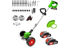 HWLANTU Cordless Weed Wacker Electric Edger 2.0Ah Battery Powered Lightweight Edger Grass Trimmer/Lawn Edger/Mower/Brush Cutter, with 5 Types Blades and Wheels for Yard and Garden Weeder Tool——Green