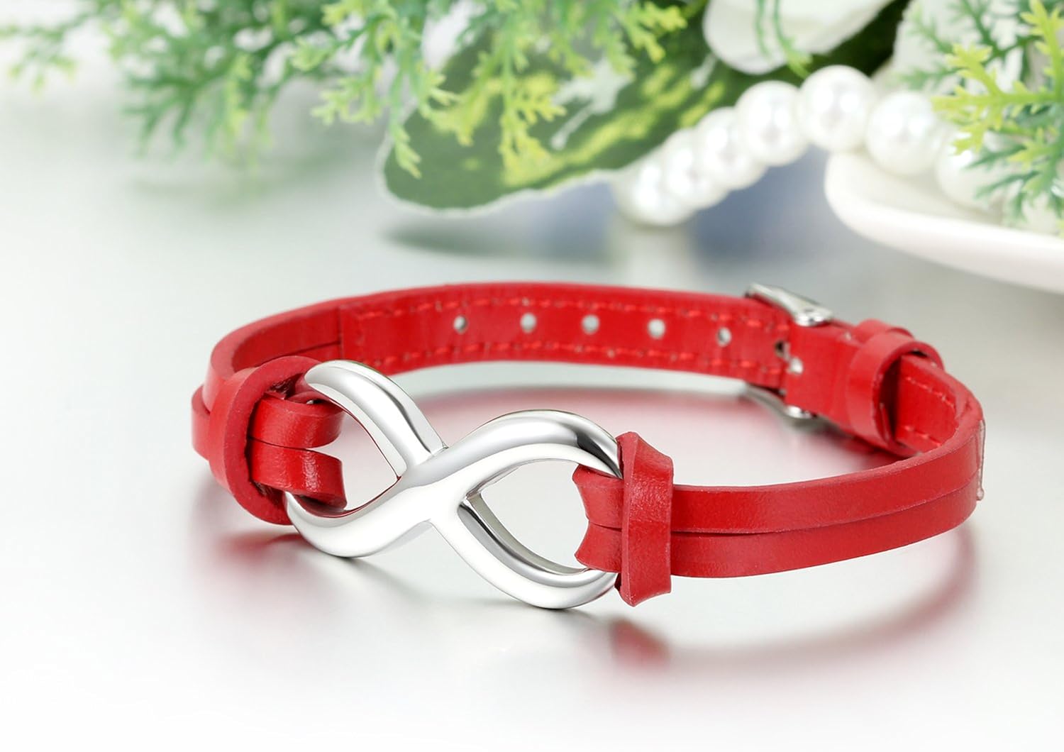 JewelryWe Stainless Steel Infinity Love Charm Leather Bracelet for Men Women Adjustable Fit 7-8.3 inch, Red - Image 3