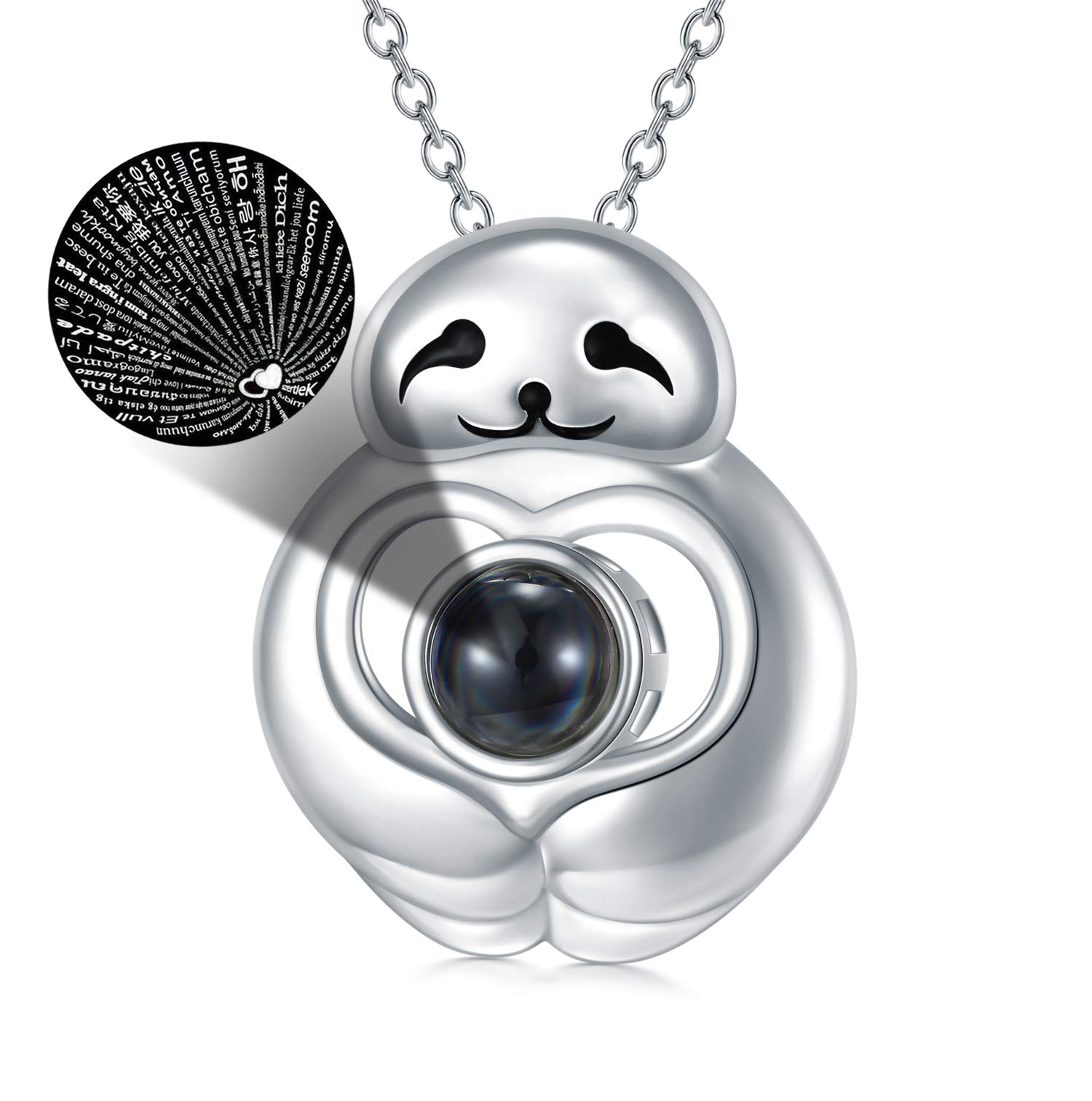 HARMONY BOLA 925 Sterling Silver Sloth Animal Pendant I Love You Necklace 100 Language Love Memory Projection Clavicle Jewellery Gift For Women Girlfriend