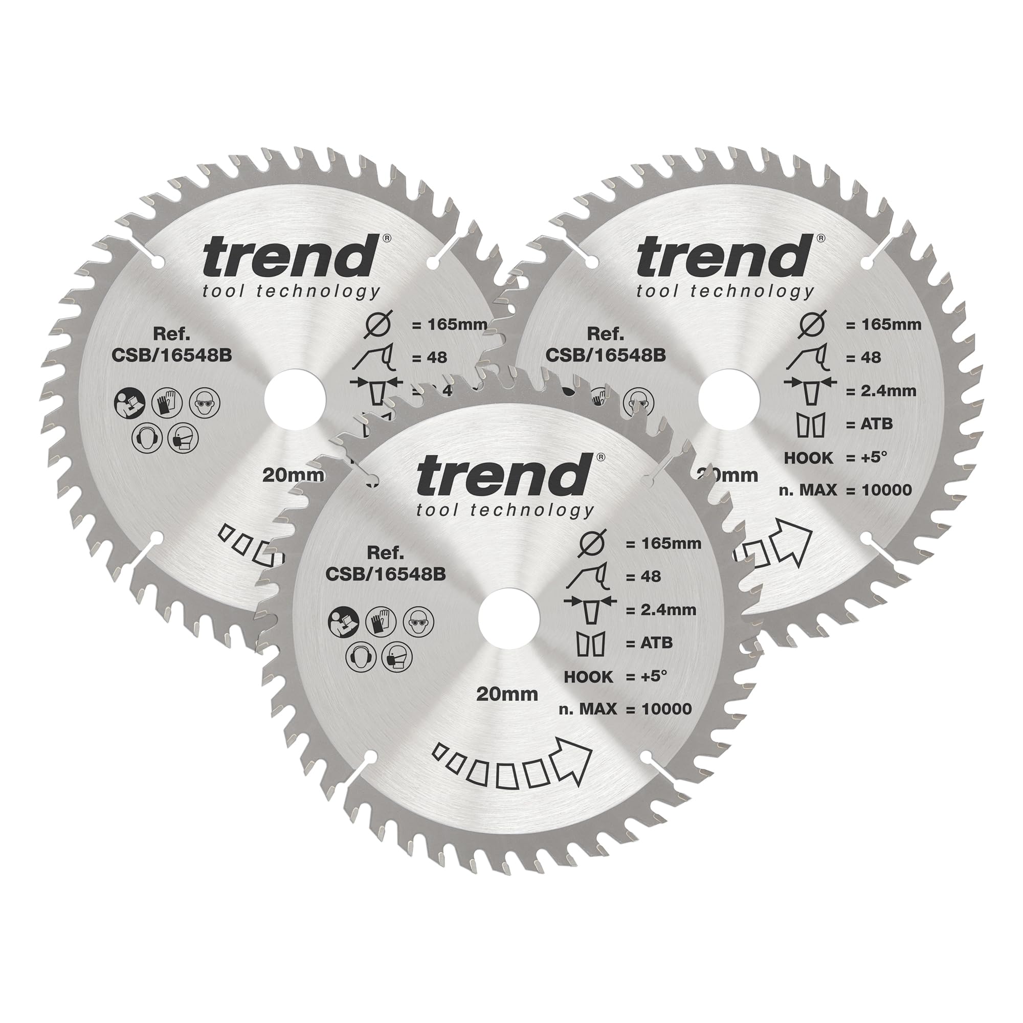 Trend Wood Circular Saw Blades, 165mm Diameter, 20mm Bore, 48 Teeth, 2.2mm Kerf, +15° Hook, TCT, Fine Finish, 3 Pack, CSB/165/3PK/A