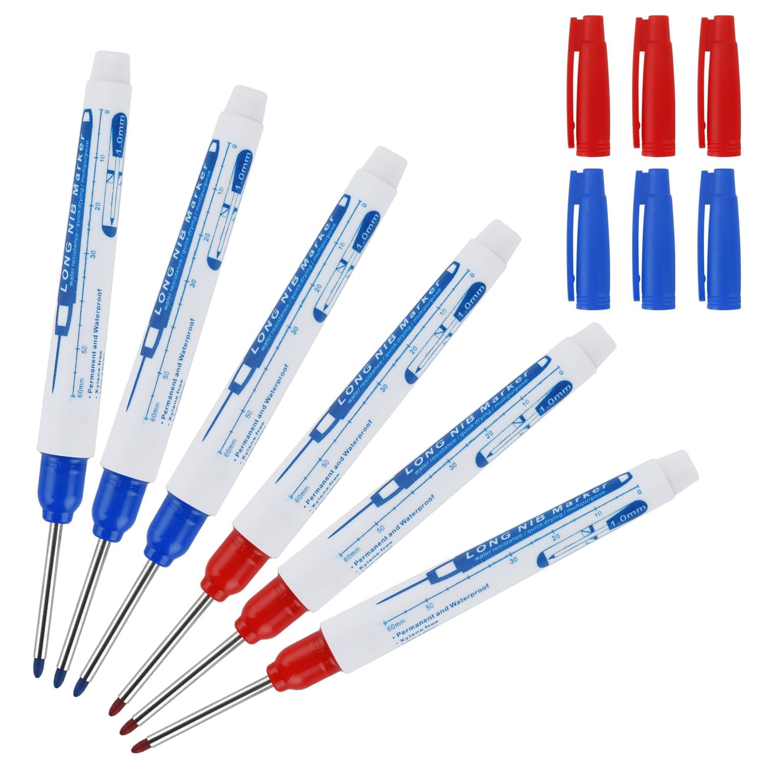 6PCS Long Head Deep Hole Marker Carpenters Pens, 30mm Extra Long Reach Pen Fine Tip Permanent Marker Pens Hole Marker Tool for Permanent Marking of Hard to Reach Areas (Red+Blue)