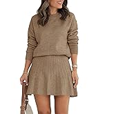 Tankaneo Womens Skirt 2 Piece Sweater Set Long Sleeve Crewneck Sweaters Pleated Mini Skirt Knit Lounge Sets