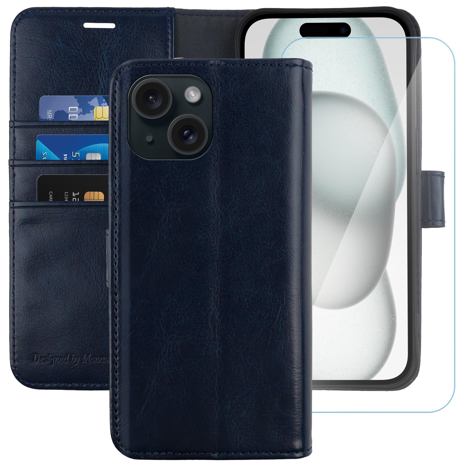 MONASAY for iPhone 15/14 Plus 5G Wallet Case, 6.7-inch [Glass Screen Protector Included] [RFID Blocking] Flip Folio Leather Cell Phone Cover with Credit Card Holder, Blue
