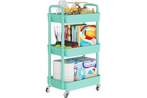 Laiensia 3-Tier Rolling Cart with Wheels,Multifunction Utility Storage Carts, Kitchen Storage Organizer,Mobile Shelving Unit for Bathroom,Laundry,with Classified Stickers,Green