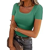 Chulianyouhuo Women's Short Sleeve Scoop Neck Ribbed Knit Fitted Casual Tops Tee Summer Slim Basic Shirts