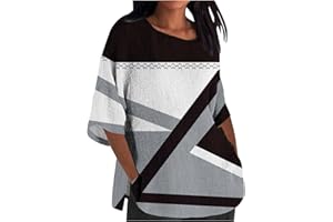 DOVFORD Linen Tops for Women 2024 Oversized Summer Shirt 3/4 Length Sleeve Tshirt Loose Casual Print Tee Trendy Ladies Blouse