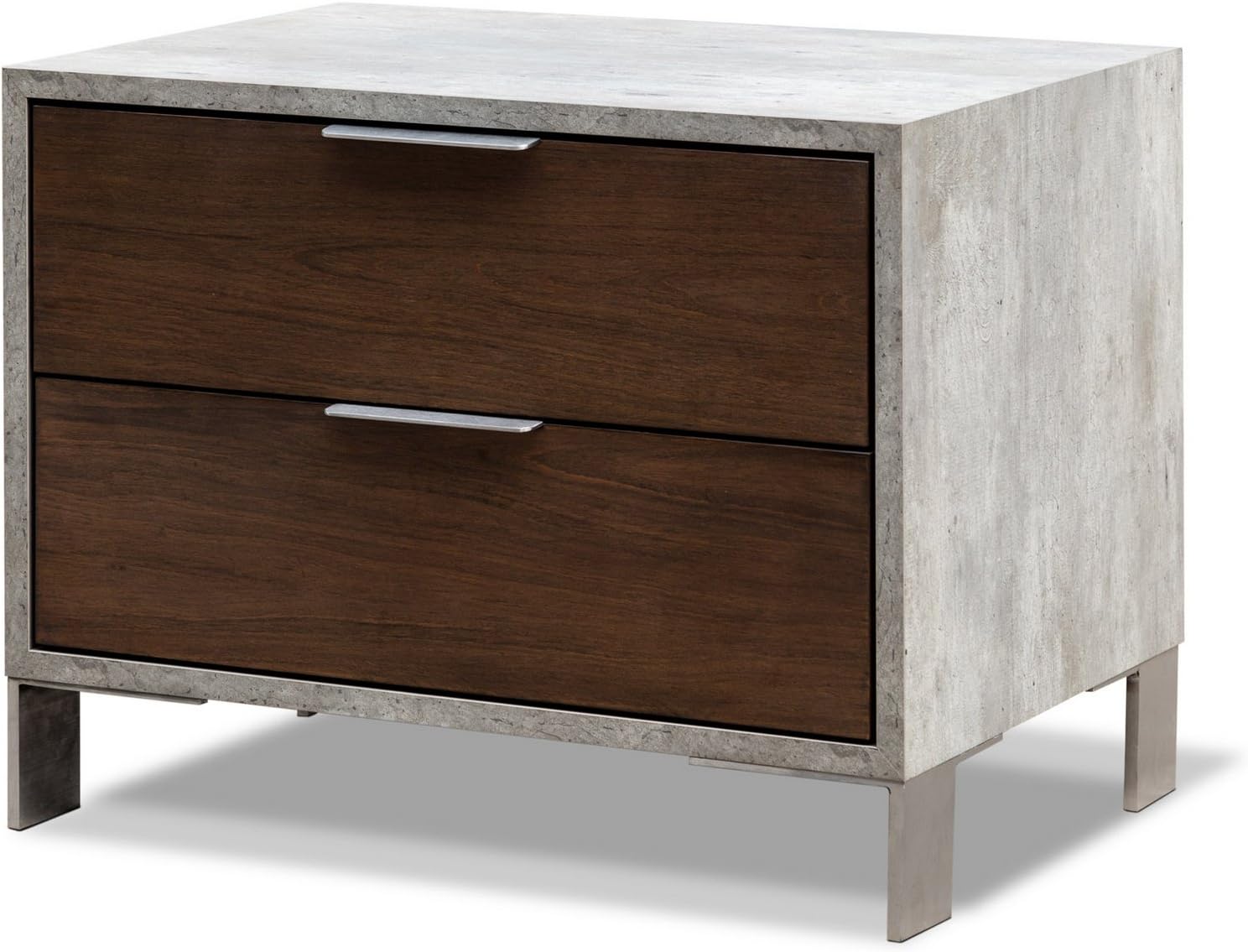 Limari Home Odin Collection Modern Style Faux Concrete Bedroom Nightstand With 2 Oil Coated Veneer Drawers, Stainless Steel Handles & Legs, Gray & Walnut