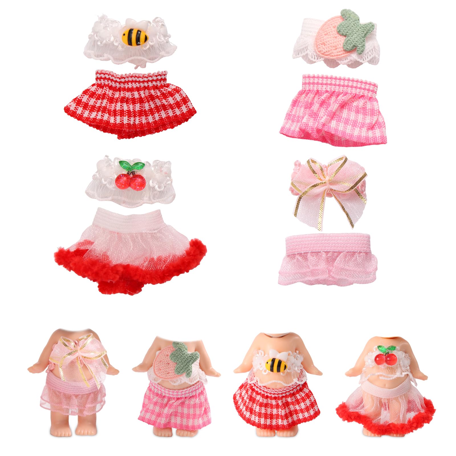 Goktvai 4 Sets 3 Inch Doll Clothes for Sonny Angel, Cute Collectible Doll Outfit Accessories Include Tops & Skirts for Adult Collector Gift Decoration & Display (Cherry, Strawberry, Bee, Butterfly)