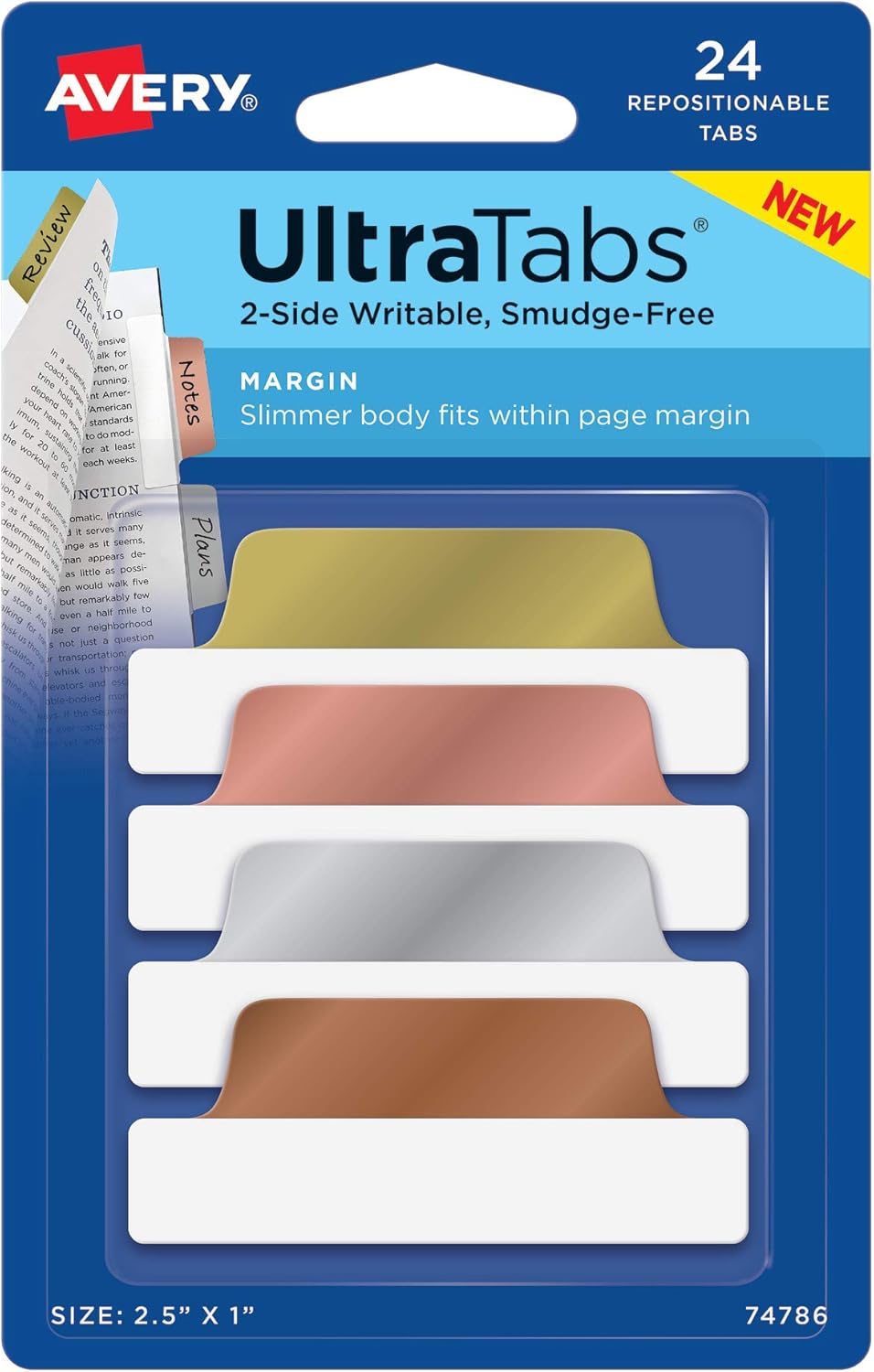 Avery Margin Ultra Tabs, 2.5" x 1", 2-Side Writable, Assorted Metallic, 24 Repositionable Page Tabs (74786) : Office Products
