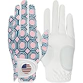 Amy Sport Womens Golf Glove with Ball Marker Rain Left Right Hand Leather Printed Pack, Ladies Golf Gloves All Weather Grip Breathable Soft Size Small Medium Large XL