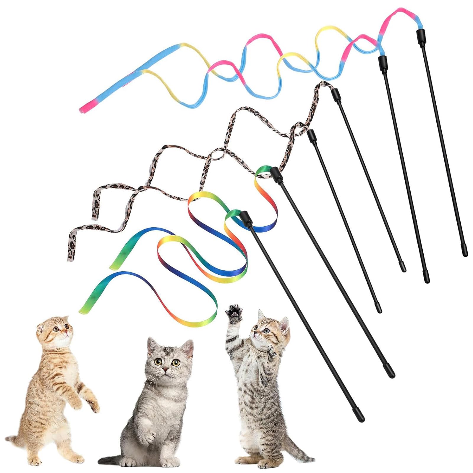 Aczyqws 6 Packs Cat Wand Toy Set, cat toy wands,30cm Cat Interactive Wand with 60cm Rainbow Ribbon StringCloth String for Pet Kitten Training Exerciser Kitten Catcher