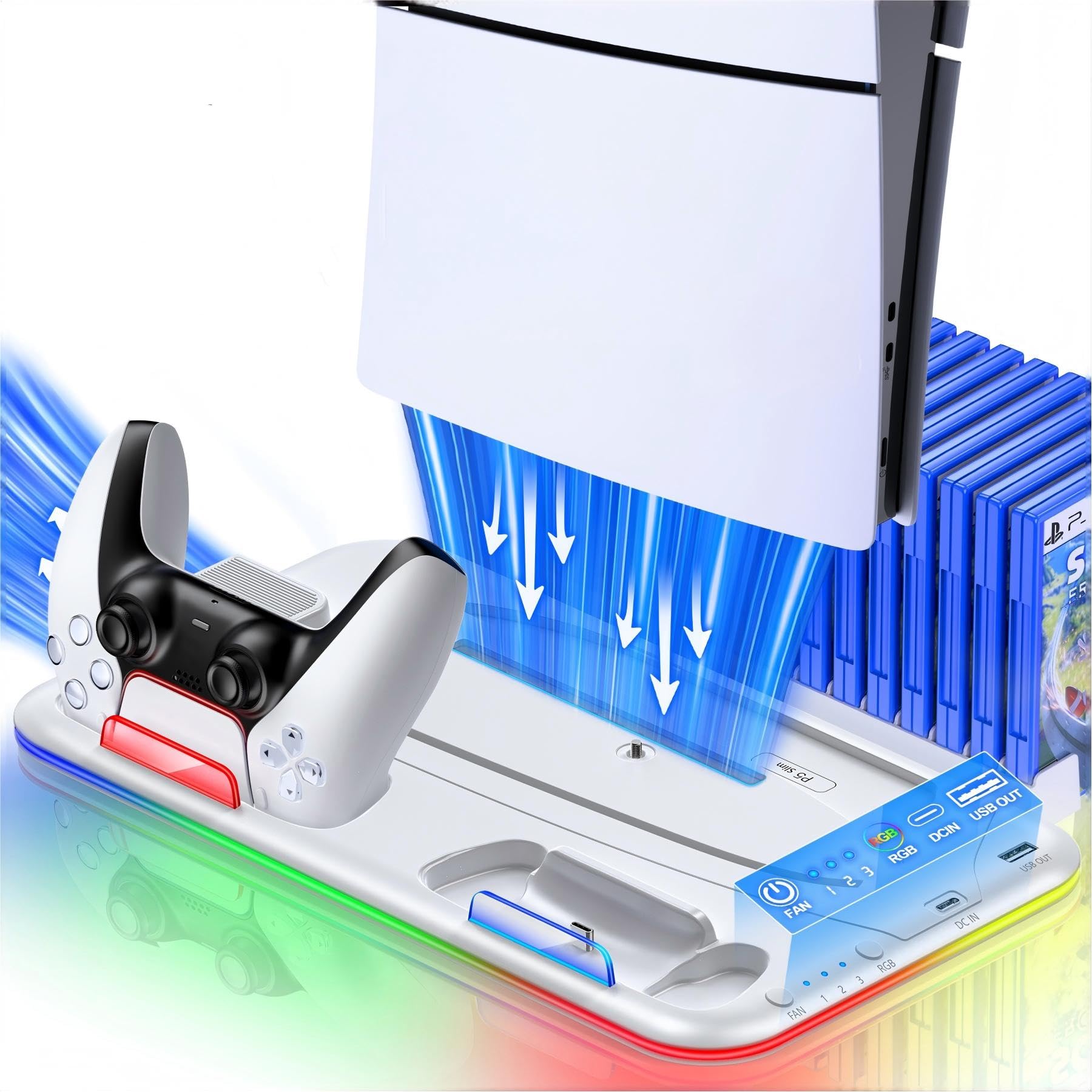 PS5 Stand Kühlständer für PS5/PS5 Slim/PS5 Pro, ps 5 ständer mit 3 Stufen Lüfter/RGB, Dual ps5 Controller Ladestation/Headset Halter/USB-Anschluss/15 Game-Slots, PS5-Zubehör,Weiß