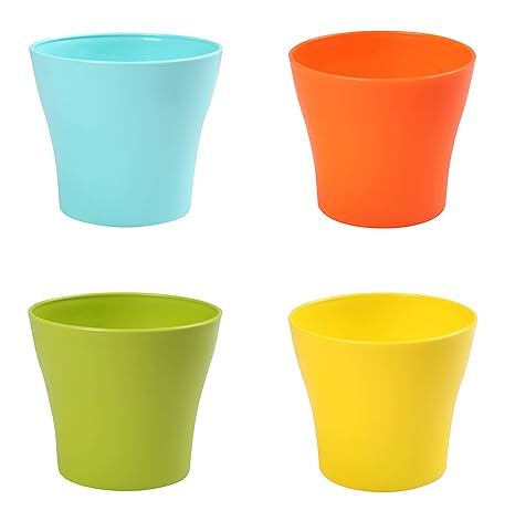 Kraft Seeds Gate Garden! 6-Inch Plastic Planters Set of 4 Flower Pots Modern Decorative Beautiful & Colourful Gardening Pot for House Plants, Flowers, Vegetable, Bulbs & Nursery (Assorted Colors)