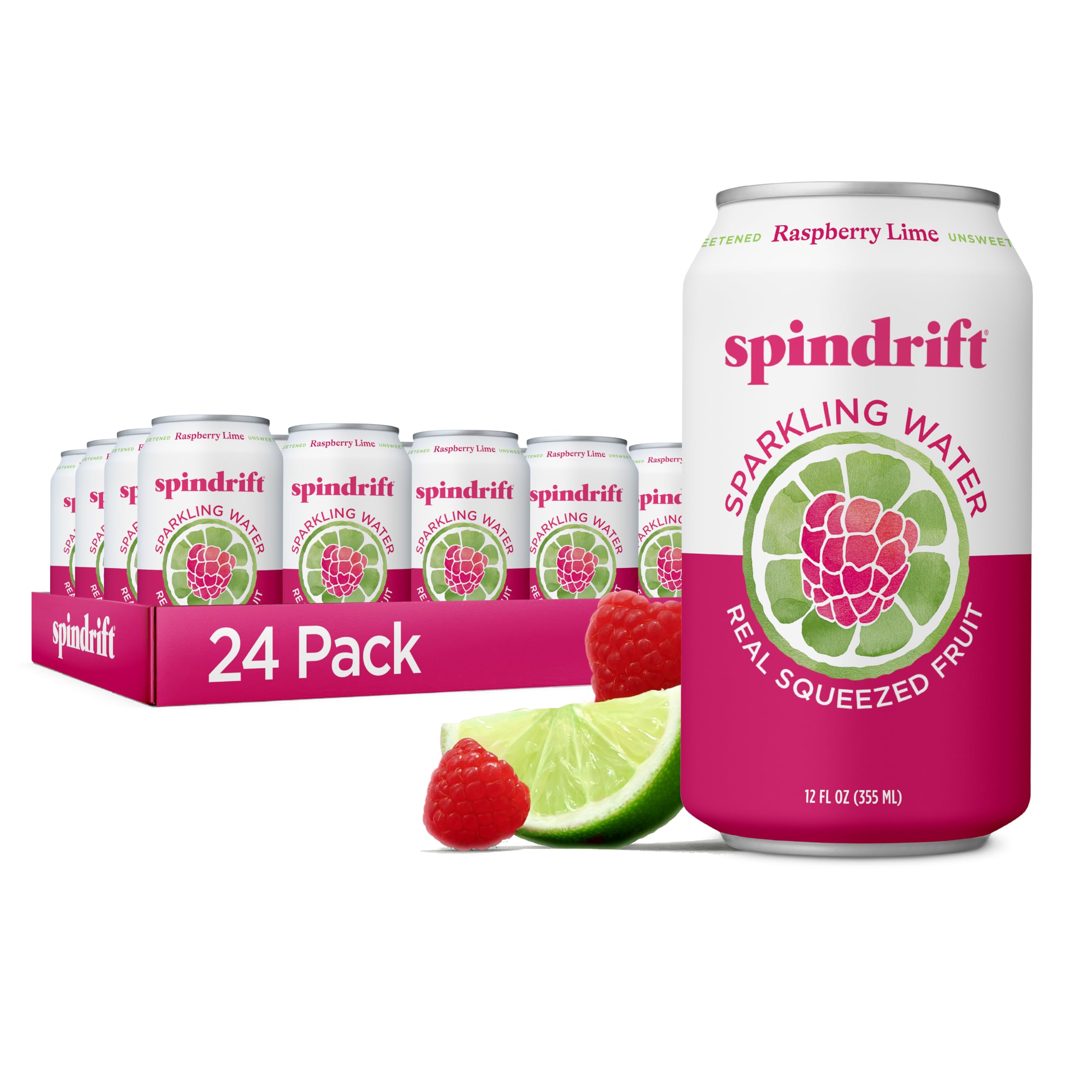 Photo 1 of Spindrift Sparkling Water, Raspberry Lime Flavored, Made with Real Squeezed Fruit, Only 9 Calories per Can, 12 Fl Oz Cans, Pack of 24