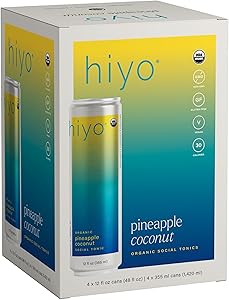 Hiyo Organic Social Tonic - Pineapple Coconut, 4 pack - N.A. Functional Seltzer, Sparkling Water Crafted with Organic Adaptog