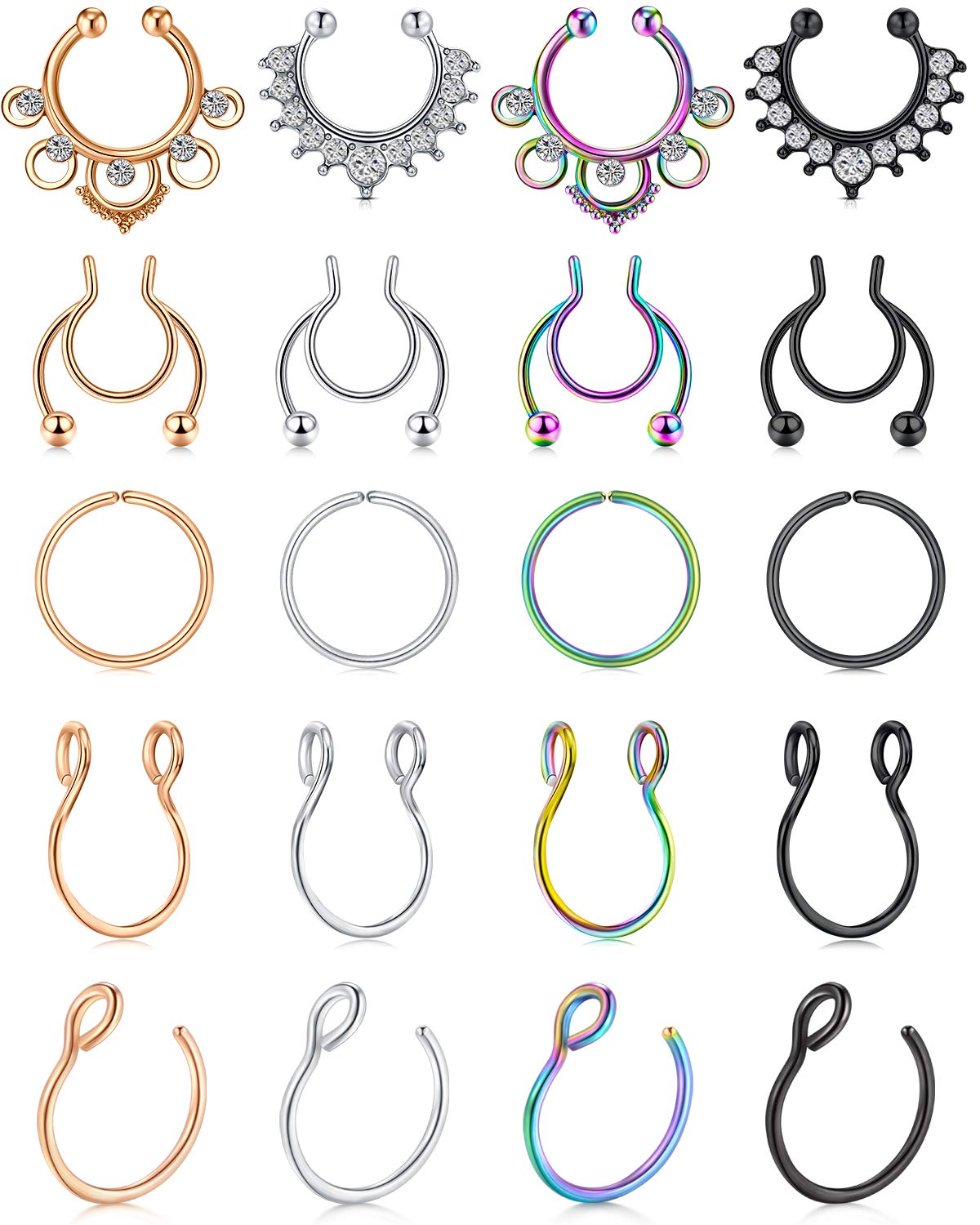 Mayhoop Fake Septum Nose Hoop Rings Stainless Steel Faux Lip Ear Nose Septum Ring Non Piercing Clip On Nose Hoop Rings Body Piercing Jewelry 20PCS