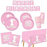1st Birthday Decorations Girl- Baby Girl Party Supplies Kit for 25 Guests | Includes Plates, Napkins, Cups, Banner & Tablecloth | First Birthday Decorations for Girl