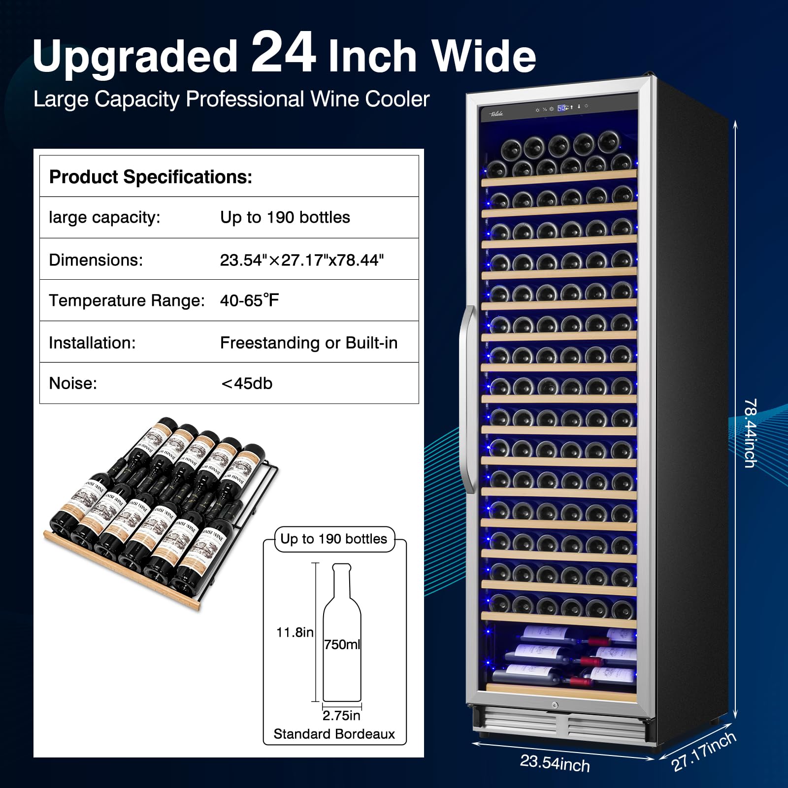 Velieta Upgraded 190 Bottles Wine Cooler Refrigerator,24 Inch Wide Wine Fridge with Professional Temperature Control System, Freestanding or Built-in installation, Quiet Operation
