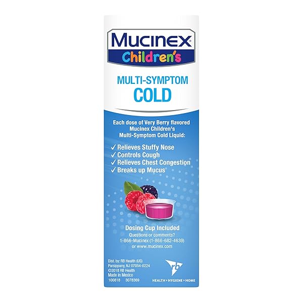 MUCINEX CHILDREN’S MULTI-SYMPTOM COLD MEDICINE, KIDS COUGH MEDICINE, MUCINEX KIDS MEDICINE/DECONGESTANT WITH DEXTROMETHORPHAN HBR, GUAIFENESIN, PHENYLEPHRINE HCL, VERY BERRY FLAVOR LIQUID, 4 FL OZ