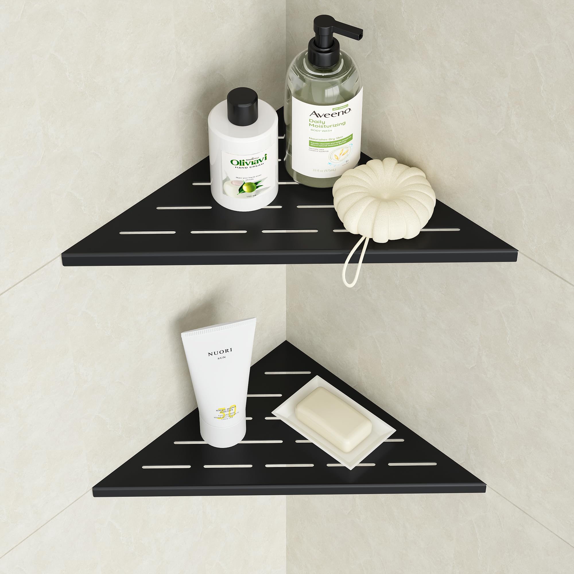 Neodrain Corner Shelf Shower Caddy Stainless Steel Shower Shelf Black Tiles Recessed for Bathroom Shampoo Holder 2 Pack