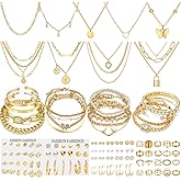 IFNODO 139pcs Gold Jewelry Set Costume Jewelry With 11 PCS Necklace, 16 PCS Bracelet, 90 PCS Stud Hoop Earring 22 Pcs Rings for Women Friendship Gift Set